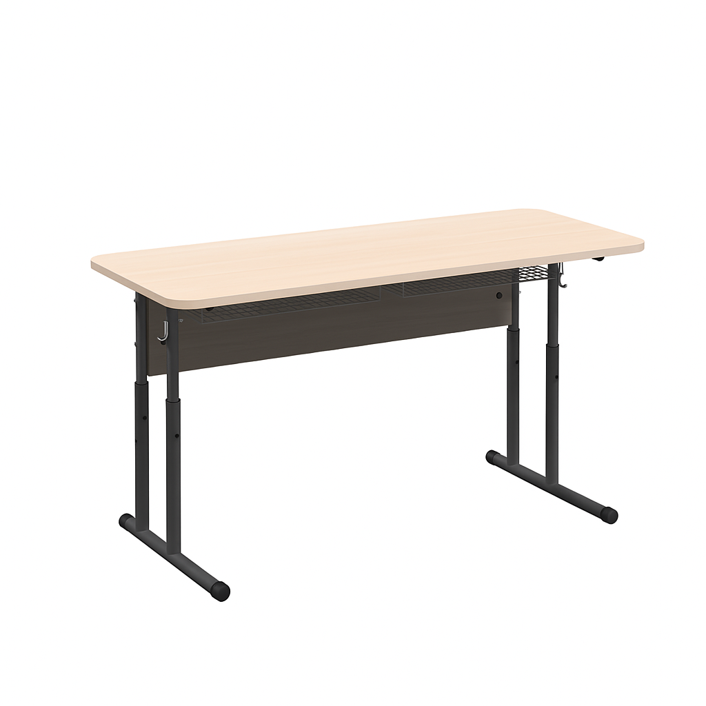 2-місний учнівський стіл з полицею-сіткою, на металевому каркасі (кругла труба), для навчальних закладів, ЛЕЛЕКА, 1200х500х640-760 мм.